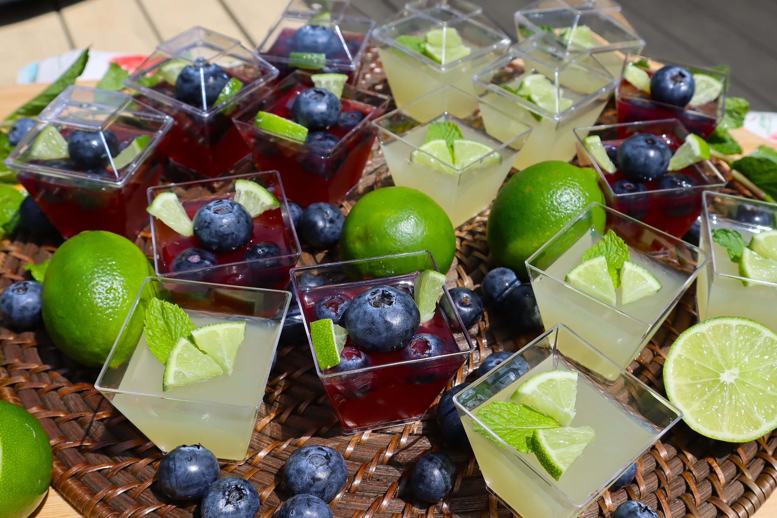 Mojito Jello Shots in original and blueberry flavors.